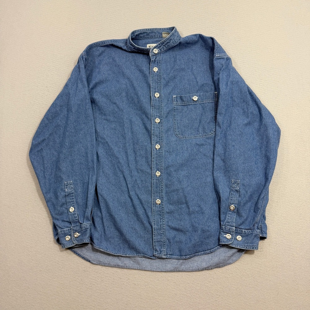 Vintage Falls Creek Shirt XL Blue Denim Banded Collar Long Sleeve Button 90s